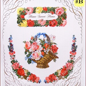 Op de afbeelding: Een vintage illustratie met een mand vol roze, witte en rode rozen, omringd door een krans van rode en witte rozen. De tekst "Home Sweet Home" staat boven de mand.