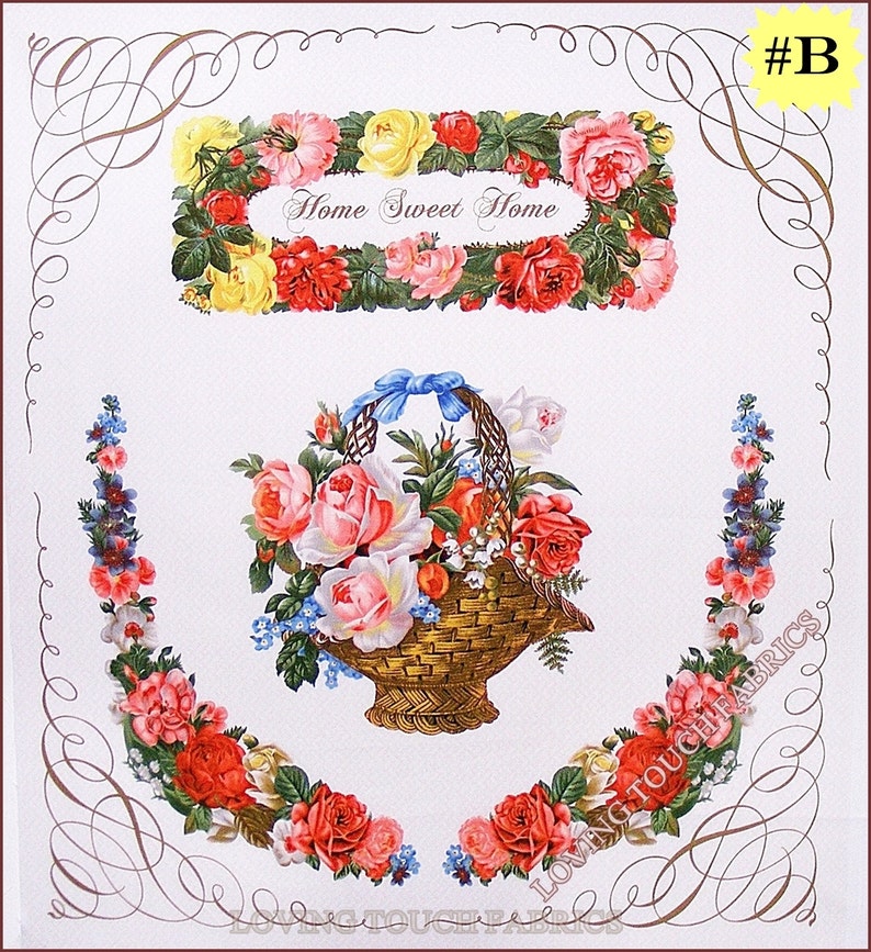 Op de afbeelding: Een vintage illustratie met een mand vol roze, witte en rode rozen, omringd door een krans van rode en witte rozen. De tekst "Home Sweet Home" staat boven de mand.