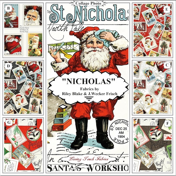 Riley Blake, J Wecker Frisch, "NICHOLAS", Christmas, Santa, Stamps, Postcards, Fabrics