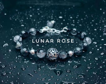 Bracciale regolabile in argento sterling puro / quarzo rutilato con tormalina nera