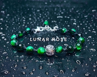 Bracciale regolabile in argento sterling puro / occhio di tigre verde