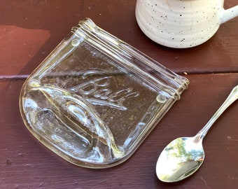 Melted Clear Glass Mason Jar Spoon Rest, Flattened Ball Jar, Stove Top Spoon Holder, Coffee Spoonrest, Unique Gift For Her