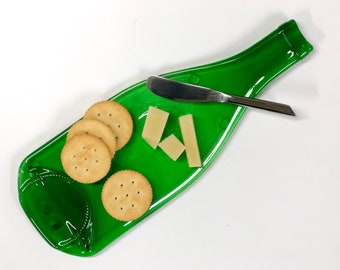 Melted Wine Bottle Cheese Tray, Flattened Melted Green Glass Wine Upcycled Bottle Plate