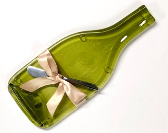 Melted Wine Bottle Cheese Tray, Recycled Pale Green Amber Glass Large Spoon Rest, Unique Wine Bottle Gift