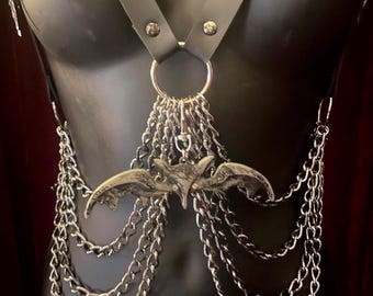 The Marilyn Medusa Handmade Stainless Steel/Vegan Leather Harness with Choice of Charms with Bats