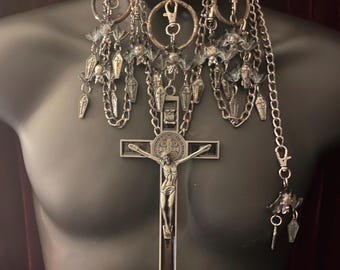 The Silver Mourning Coffin Collar w. Crucifix Pendant with Matching Earrings by Marilyn Medusa(suitable for detachable charms and pendants)