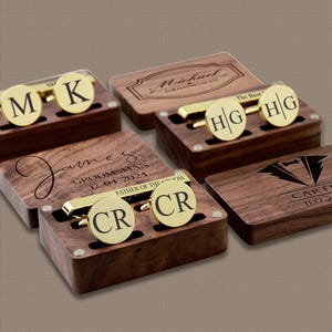Personalized Cufflink and Tie Clip Set, Engraved Wooden Box, Custom Gift for Him, Wedding, Anniversary, Birthday Present