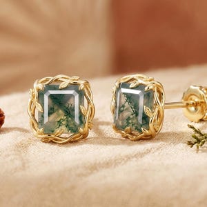 Vine Leaf Emerald Moss agate Stud Earring, Green Gemstone, Natural Inspired Jewelry.