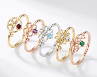 Dainty Flower Birthstone Ring, Nature Floral Birth Month Rings for Women