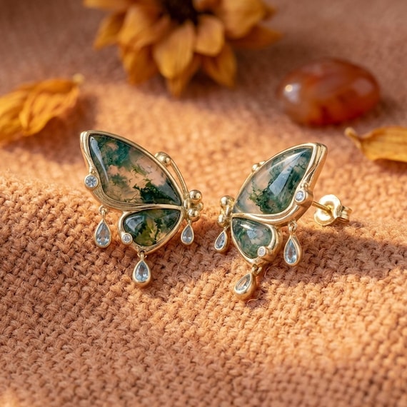 Moss Agate Butterfly Earrings, Whimsical Dangle Earrings, Fairycore Ethereal Jewelry, Wedding Guest Earrings, Nature Lover Gift