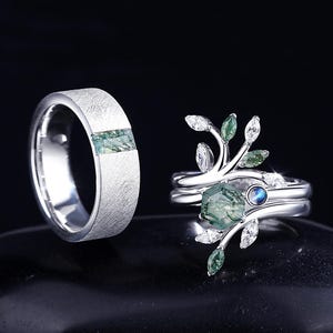 Green Moss Agate Couples Ring Set, His and Hers Rings, 925 Silver Matching Nature Couples Ring, Engagement Ring for Her.
