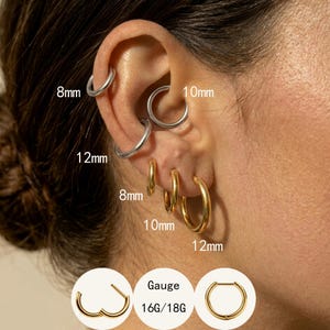 May include: A collection of silver and gold-toned hoop earrings in various sizes, including 8mm, 10mm, and 12mm diameters. The image displays these hoops worn in multiple ear piercings, with additional diagrams showing a 16G/18G gauge specification.