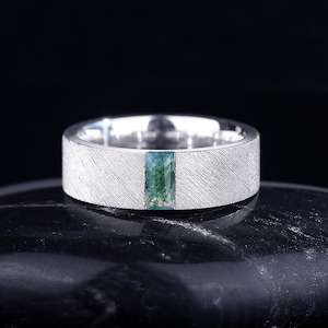 Green Moss Agate Wedding Band, His and Hers Rings, 925 Silver Matching Nature Couples Ring, Engagement Ring for Men.