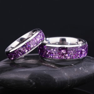 Unique Amethyst Crushed Gemstone Wedding Bands for Couples - Matching His and Her Rings - Purple Birthstone Jewelry.