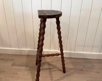 Vintage French Tall Milking Stool with Bobbin Turned Legs | Rustic Wooden Three-Legged Stool | French Country Farmhouse Decor