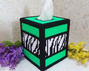 Green With Zebra Stripes Plastic Canvas Tissue Box Cover, Funky Boho Decor, Animal Print Bed and Bath Decor