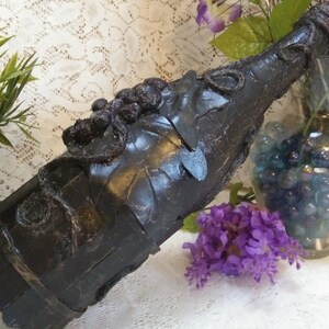 Black Painted Decorative Wine Bottle, Faux Wrought Iron Barrel and Grapevine With Leaves, Dimensional Upcycled Bottle Art, Bar Shelf Decor