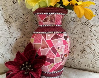 Pink and Burgundy Decoupaged Glass Vase, Upcycled Art Deco Shelf Decor, Painted Decorative Vase