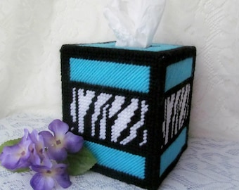 Blue Zebra Striped Tissue Box Cover, Blue Boho Chic Table Decor, Animal Print Plastic Canvas Art
