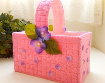 Pink Easter Basket with Purple Flower Accents, Mother's Day Gift Basket, Handsewn Plastic Canvas Art
