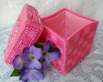 Pink Beaded Plastic Canvas Jewelry Box, Sparkly Gift Box or Trinket Storage, Feminine Boho Chic Bedroom Vanity Decor