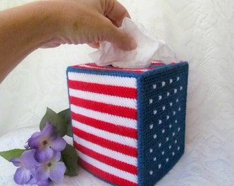 American Flag Plastic Canvas Tissue Box Cover, Red White and Blue US Flag Patriotic Home Decor