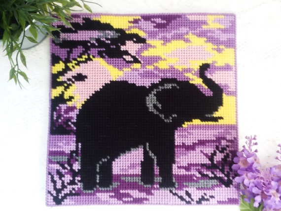 Elephant in Purple Silhouette Wall Art, Plastic Canvas Wall Hanging: African Animal Art
