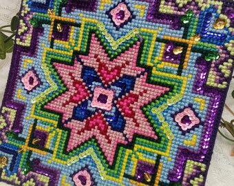 Sparkly Pink and Purple Square Mandala, Flower or Star Handsewn Mandala With Sequins. Funky Plastic Canvas Wall Hanging, Boho Hippie Glam