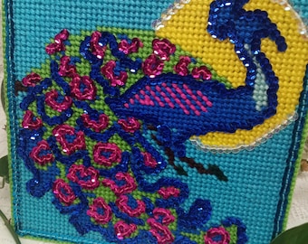 Peacock with Sparkly Sequin Tail, Handsewn Plastic Canvas Wall Art, Boho Glam Style Wall Decor, Unique Peacock Art