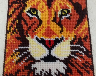 Lion Face Hand Sewn Plastic Canvas Wall Hanging, African Animal Fiber Art, Nature Themed Animal Home Decor