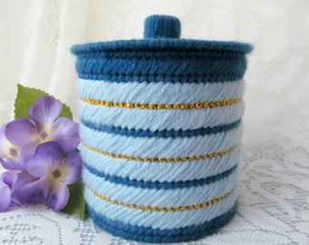 Blue & Sparkly Gold Keepsake Box, Plastic Canvas Trinket Box, Hand Sewn Jewelry Storage, Gift Box