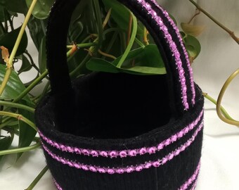 Black Decorative Basket with Pink Sequins, Sparkly Boho Chic Gift Basket, Plastic Canvas Art