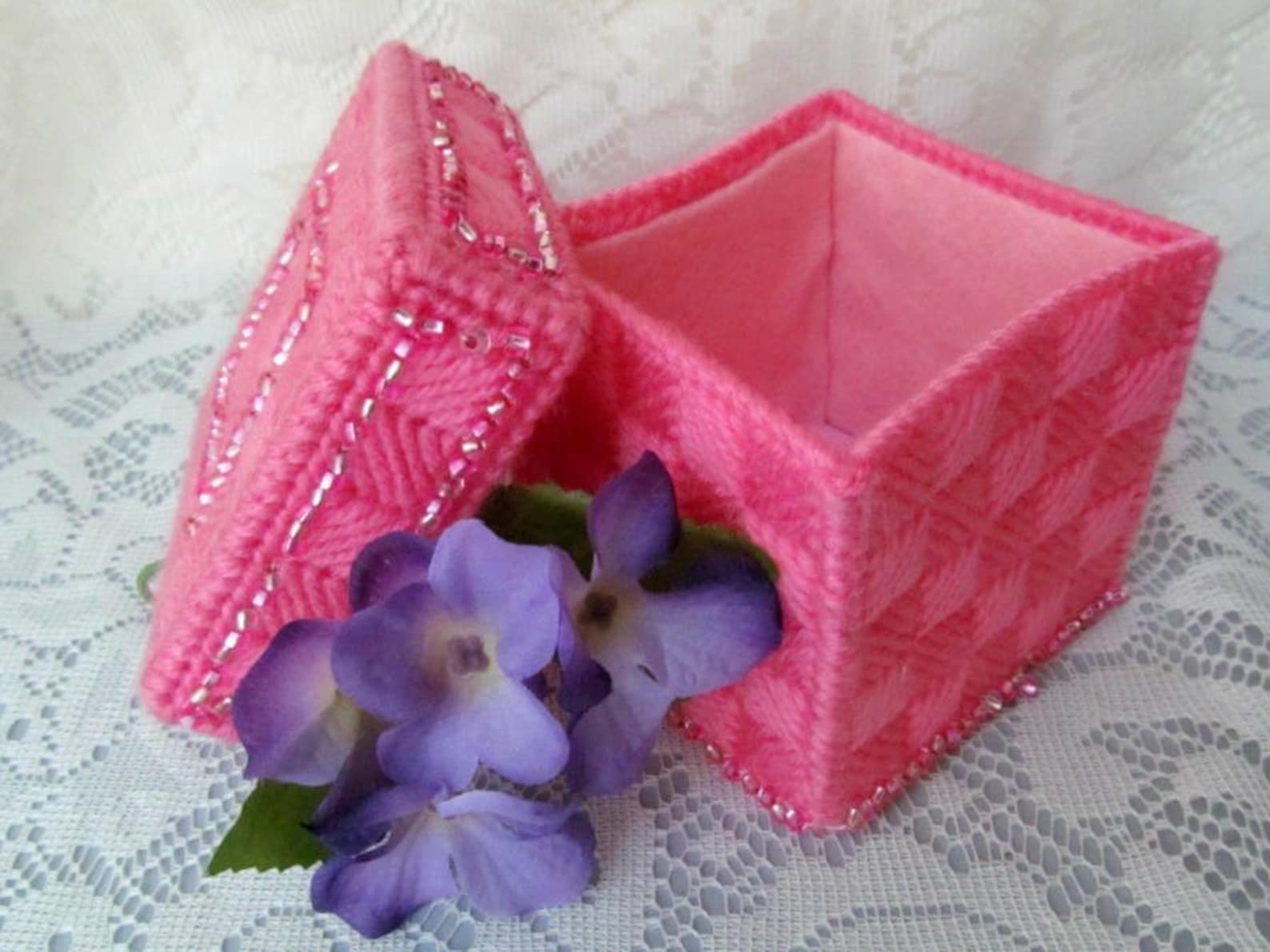 Pink Beaded Plastic Canvas Jewelry Box Sparkly Gift Box or Etsy