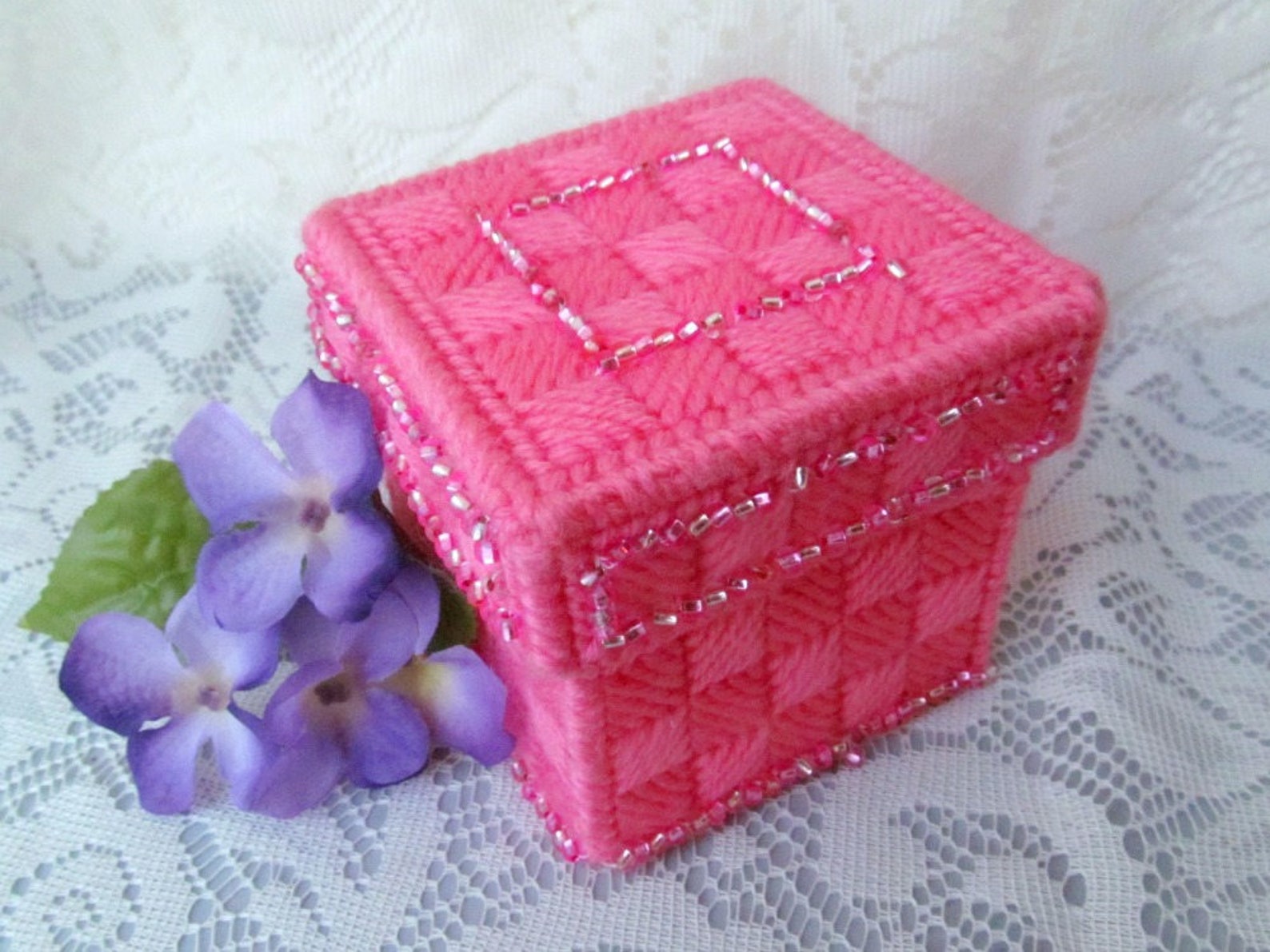 Pink Beaded Plastic Canvas Jewelry Box Sparkly Gift Box or Etsy