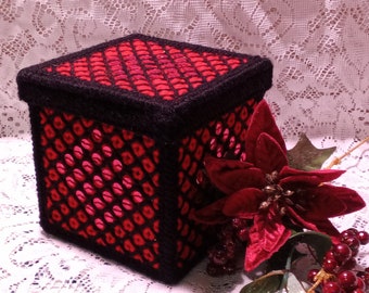 Red & Black Sparkly Plastic Canvas Trinket Box, Jewelry Box, Handmade Keepsake Storage, Gothic Vibe
