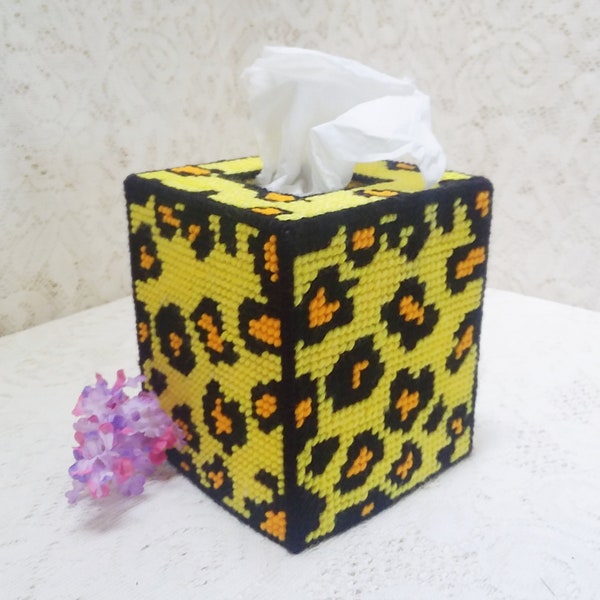 Yellow Leopard Print Plastic Canvas Tissue Box Cover, Colorful African Animal Print Decor, Funky Boho Hippie Dorm Decor, Gift For Teen Girl