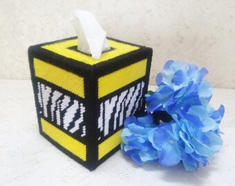 Yellow Zebra Striped Tissue Box Cover, Boho Bed and Bath Decor, Plastic Canvas Tissue Cozy, Unique Animal Print Decor