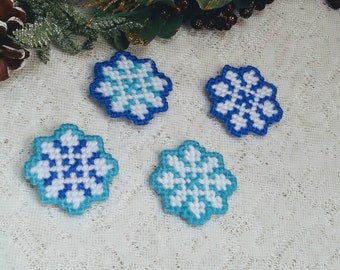 Set of Four Blue Snowflake Plastic Canvas Refrigerator Magnets, Seasonal Winter Snow, Kitchen Decor