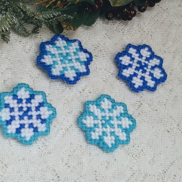 Set of Four Blue Snowflake Plastic Canvas Refrigerator Magnets, Seasonal Winter Kitchen Decor