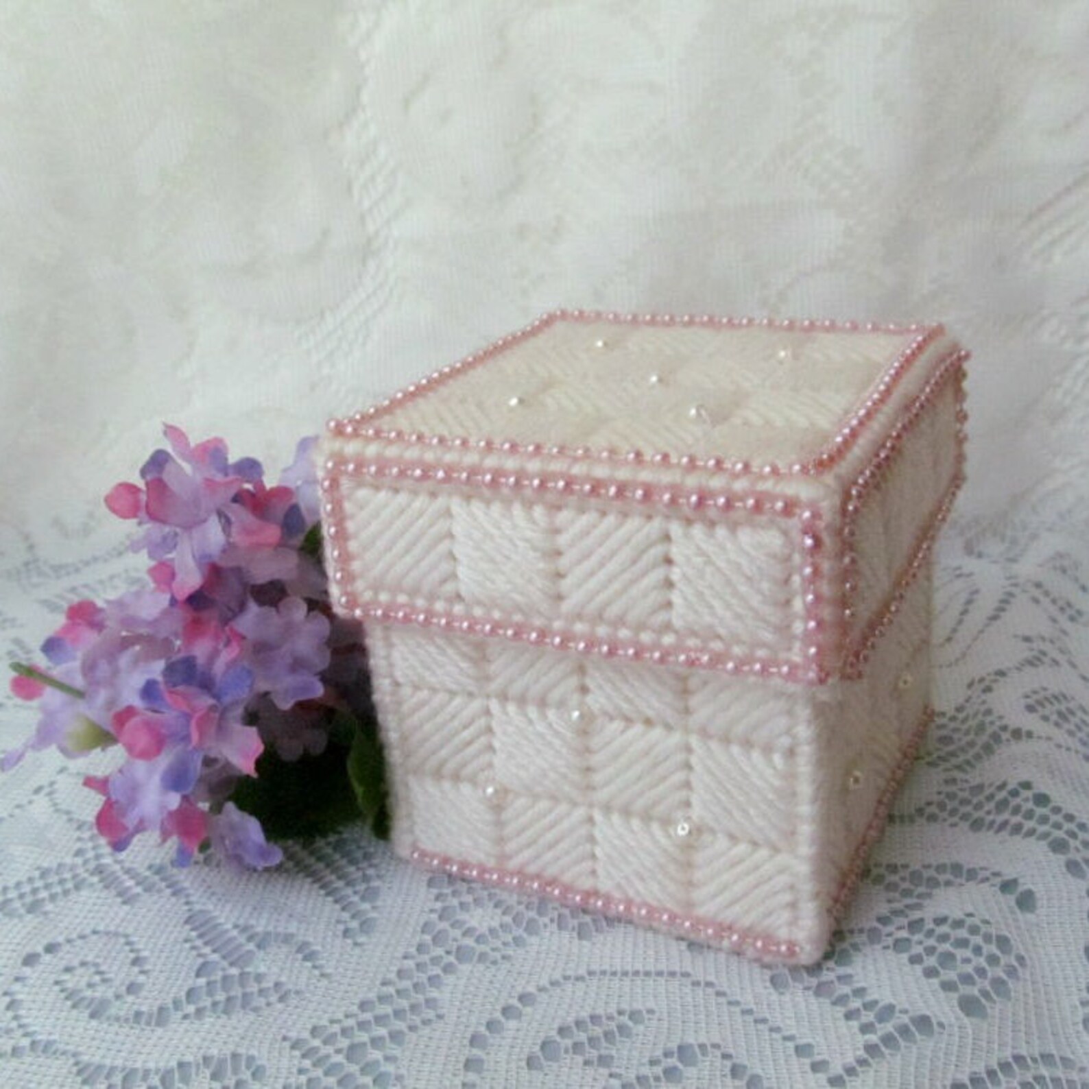 White Plastic Canvas Jewelry Box With White and Pink Faux Pearls