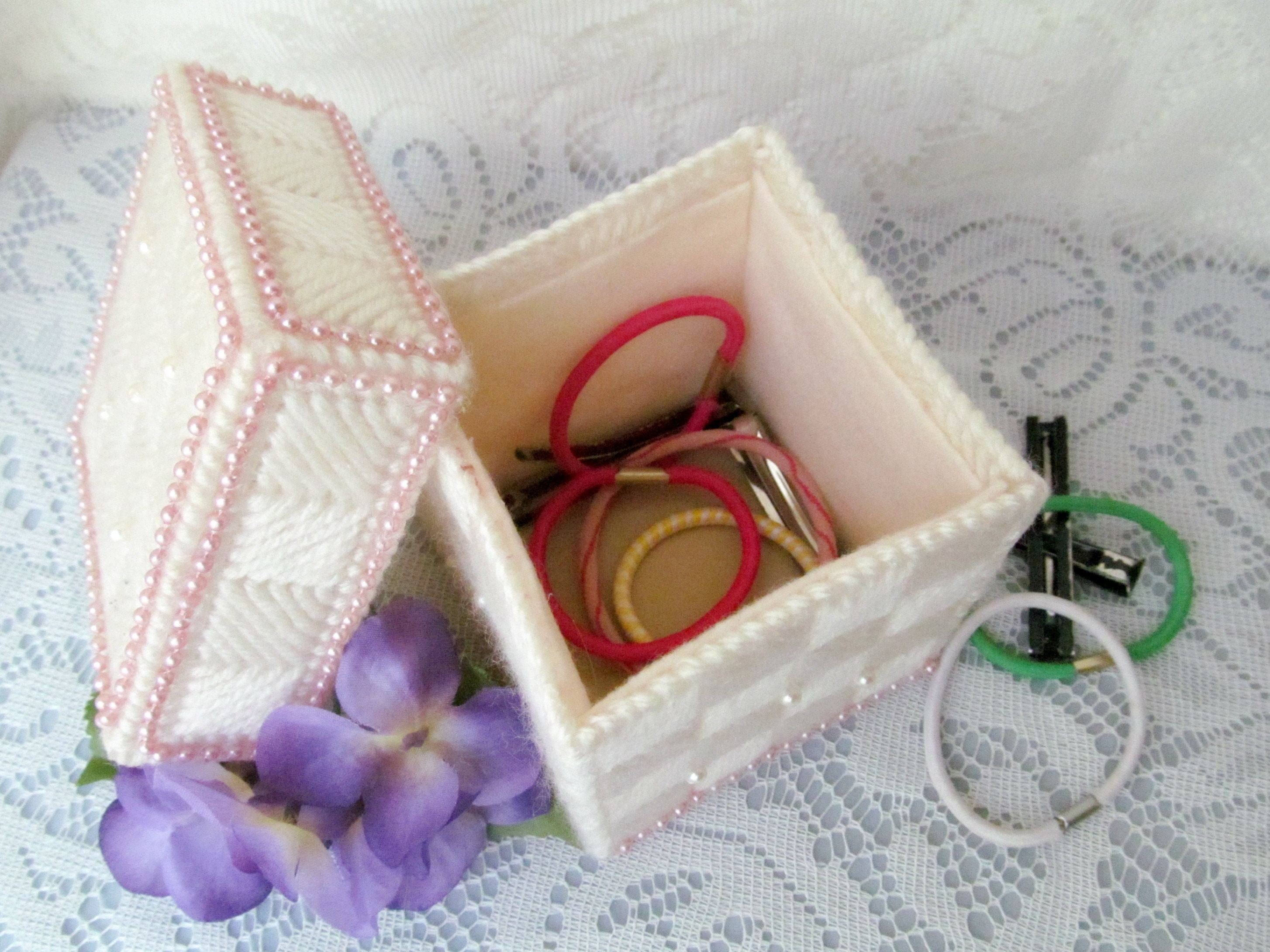 White Plastic Canvas Jewelry Box With White and Pink Faux Pearls, Romantic Gift Box, Feminine