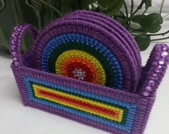 Multicolor Round Drink Coasters With Storage Basket, Plastic Canvas Art, Colorful Table Decor