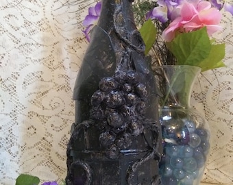 Grapevine Decorative Wine Bottle, Black Painted Bottle in Wrought Iron Style, Hand Painted Bottle Art, Shelf Decor