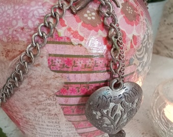 Pink Decoupage Glass Vase, Victorian Edwardian Pink Floral Vase with Heart Locket, Painted Decorative Vase