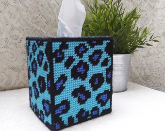 Blue Leopard Print Plastic Canvas Tissue Box Cover, Animal Print Table Decor, Boho-Glam Bed and Bath Decor