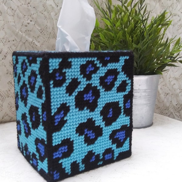 Blue and Black Leopard Print Plastic Canvas Tissue Box Cover, Flamboyant Eccentric Whimsical Home Decor, Colorful Animal Print, Teen Gift