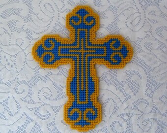 Ornate Cross Plastic Canvas Wall Hanging, Blue Wall Decor, Christian Home Decor