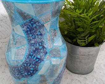Blue Decoupage Paper Mosaic Flower Vase, Blue Shelf Decor, Hand Painted and Decoupaged Table Centerpiece Vase