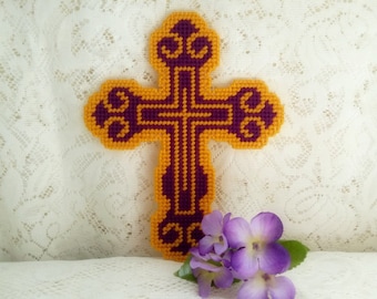 Ornate Cross Wall Decor, Purple Handmade Cross Wall Hanging, Christian Home Decor