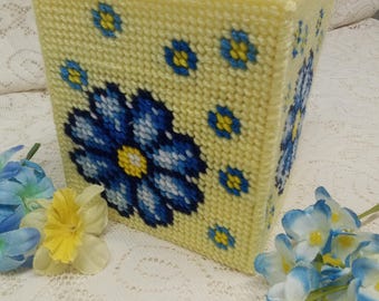 Yellow Tissue Box Cover With Blue Flowers, Yellow or Blue Bed and Bath Accessory, Plastic Canvas Country Cottage Decor